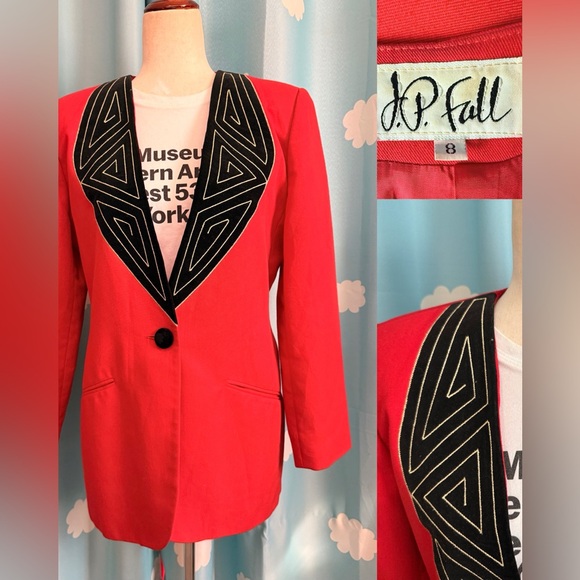 Vintage Jackets & Blazers - Vintage 80s red and black velvet with gold collar blazer jacket. M